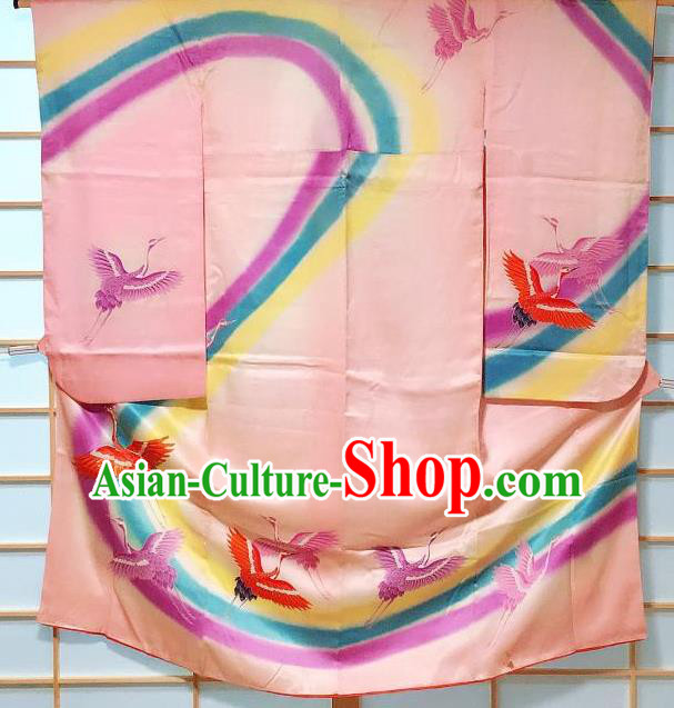 Traditional Japanese Costume Pink Furisode Kimono Japan Classical Phoenix Pattern Yukata Dress for Kids