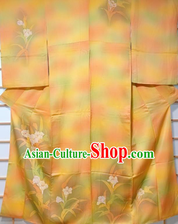 Traditional Japanese Yellow Tsukesage Kimono Japan Classical Flowers Pattern Yukata Dress Costume for Women