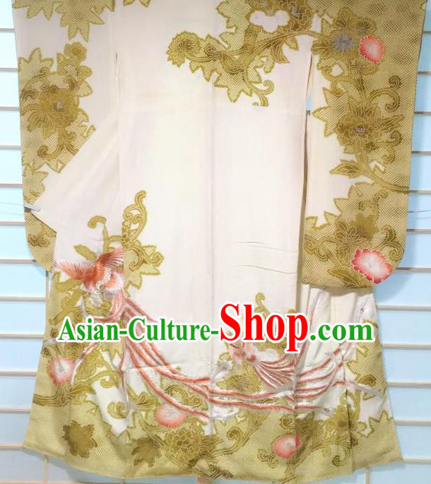 Traditional Japanese Embroidered Beige Furisode Kimono Japan Classical Phoenix Peony Pattern Yukata Dress Costume for Women