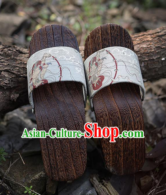 Traditional Japanese Thor Pattern Grey Geta Slippers Asian Japan Clogs Shoes for Men