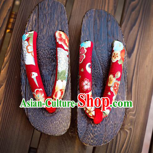 Traditional Japanese Crane Sakura Pattern Red Geta Slippers Asian Japan Clogs Shoes for Women