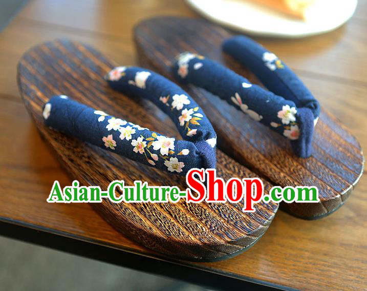 Traditional Japanese Sakura Pattern Deep Blue Geta Slippers Asian Japan Clogs Shoes for Women