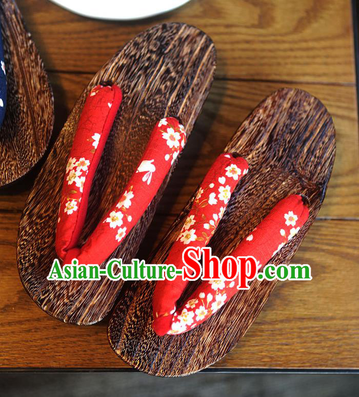 Traditional Japanese Sakura Pattern Red Geta Slippers Asian Japan Clogs Shoes for Women