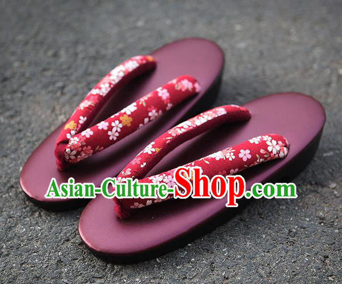 Traditional Japanese Sakura Pattern Wine Red Zori Geta Slippers Asian Japan Clogs Shoes for Women