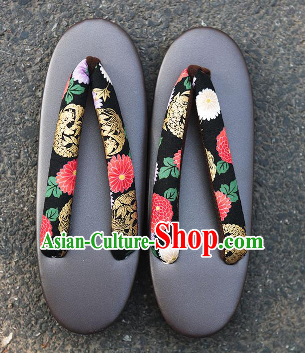 Traditional Japanese Chrysanthemum Pattern Black Zori Geta Slippers Asian Japan Clogs Shoes for Women