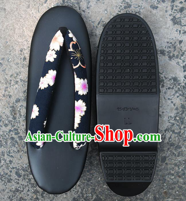 Traditional Japanese Sakura Pattern Black Zori Geta Slippers Asian Japan Clogs Shoes for Women