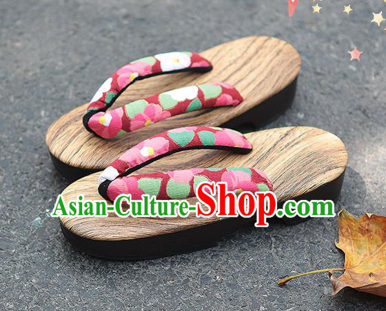 Traditional Japanese Sakura Pattern Purplish Red Zori Geta Slippers Asian Japan Clogs Shoes for Women