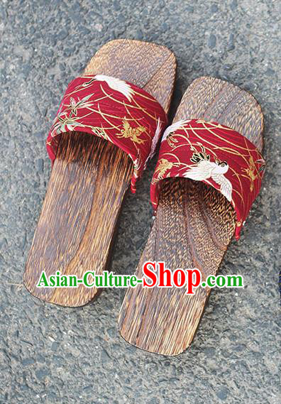 Traditional Japanese Crane Pattern Red Slippers Geta Asian Japan Clogs Shoes for Women