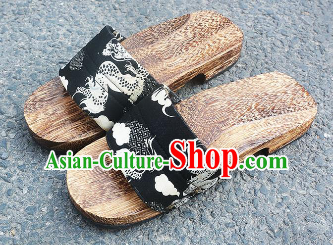 Traditional Japanese Dragon Pattern Black Geta Slippers Asian Japan Clogs Shoes for Men