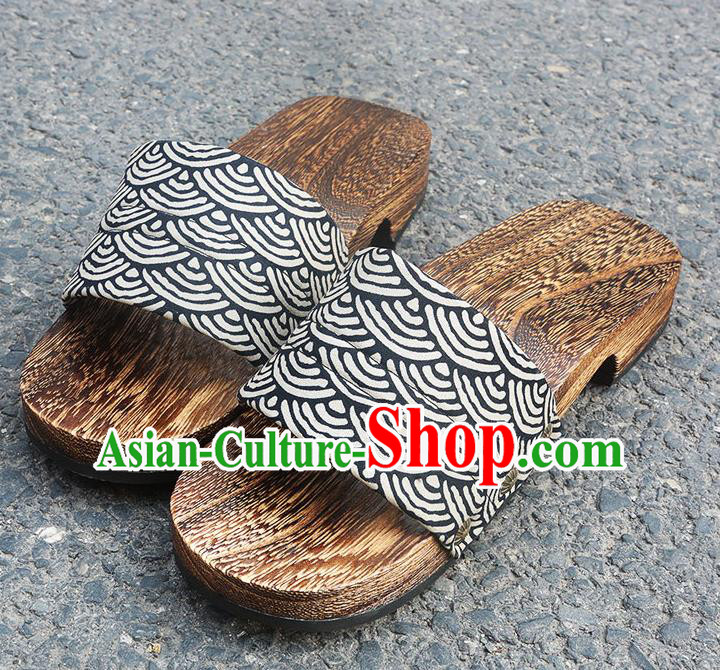 Traditional Japanese Waves Pattern Black Geta Slippers Asian Japan Clogs Shoes for Men
