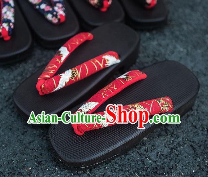 Traditional Japanese Crane Bamboo Pattern Red Slippers Geta Asian Japan Clogs Zori Shoes for Women