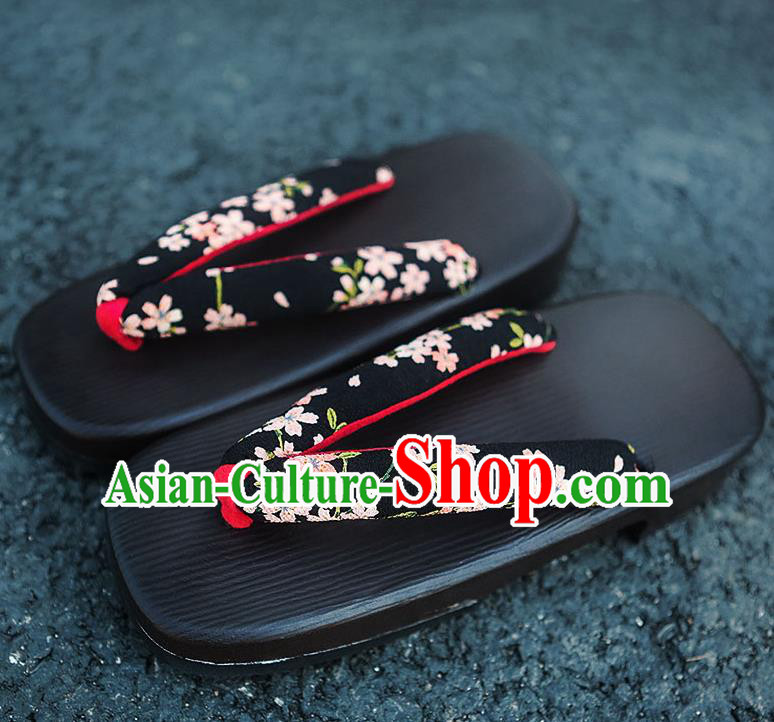 Traditional Japanese Sakura Pattern Black Slippers Geta Asian Japan Clogs Zori Shoes for Women