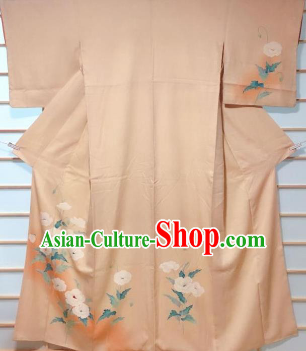 Traditional Japanese Apricot Tsukesage Kimono Japan Classical Camellia Pattern Yukata Dress Costume for Women