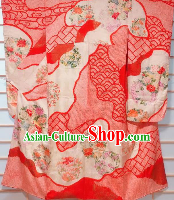 Traditional Japanese Orange Furisode Kimono Japan Classical Peony Pattern Yukata Dress Costume for Women