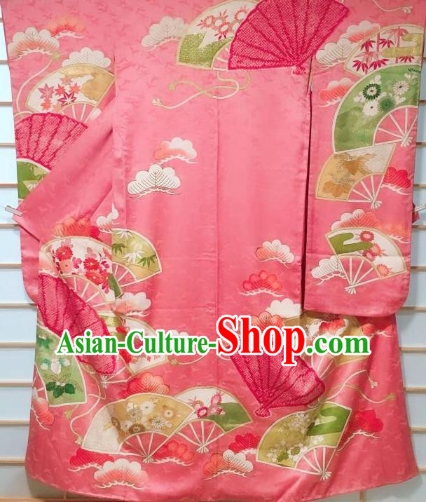 Traditional Japanese Pink Furisode Kimono Japan Classical Chrysanthemum Fan Pattern Yukata Dress Costume for Women