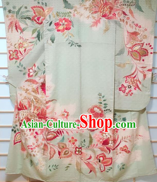 Traditional Japanese Light Green Furisode Kimono Japan Classical Flowers Butterfly Pattern Yukata Dress Costume for Women