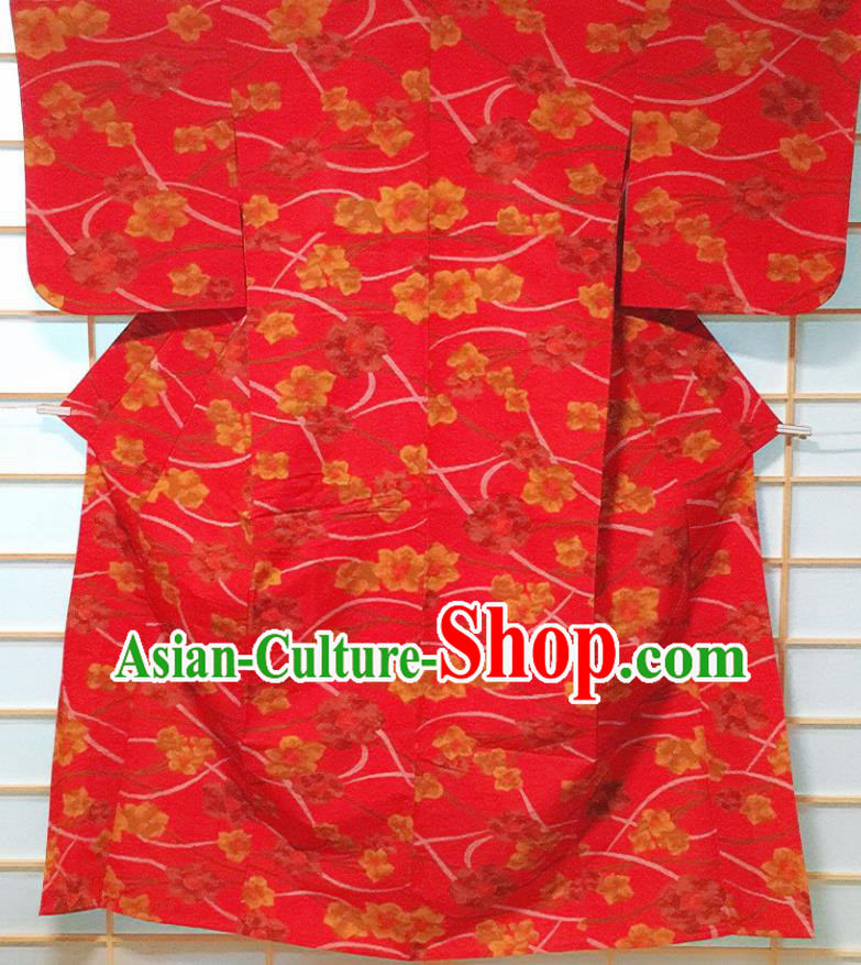 Traditional Japanese Printing Red Kimono Japan Classical Flowers Pattern Yukata Dress Costume for Women