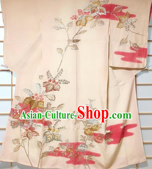 Traditional Japanese Embroidered Beige Tsukesage Kimono Japan Classical Chrysanthemum Pattern Yukata Dress Costume for Women