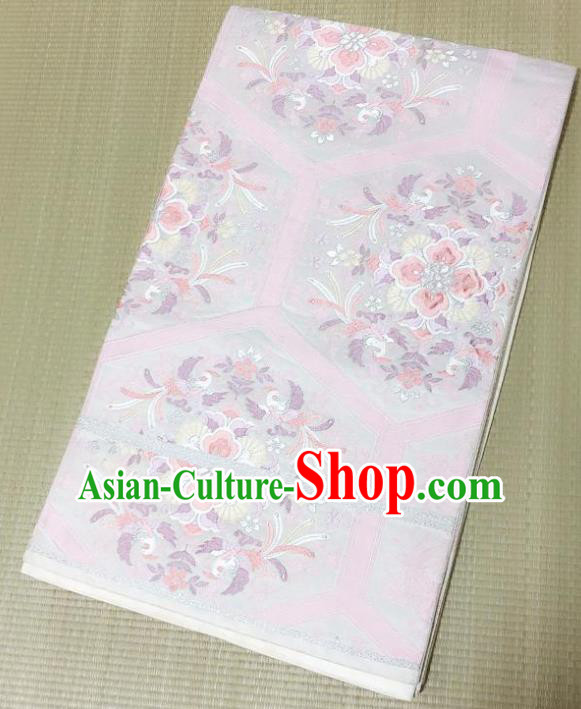 Japanese Traditional Embroidered Phoenix Pattern Light Pink Brocade Waistband Japan Kimono Yukata Belt for Women