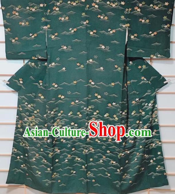 Traditional Japanese Deep Green Tsukesage Kimono Japan Classical Maple Leaf Pattern Yukata Dress Costume for Women