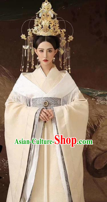 Chinese Ancient Court Queen White Hanfu Dress Traditional Han Dynasty Empress Replica Costumes and Headpiece for Women