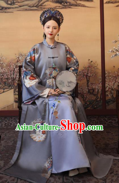 Chinese Ancient Manchu Noble Consort Purple Embroidered Dress Traditional Qing Dynasty Imperial Concubine Costumes and Headpiece for Women