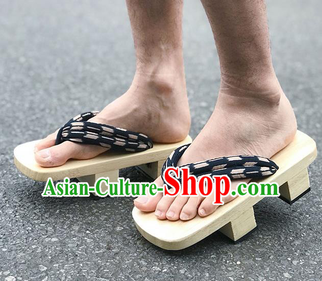 Japanese Traditional Pattern Black Flip Flops Bidentate Clogs Slippers Asian Japan Geta Shoes for Men