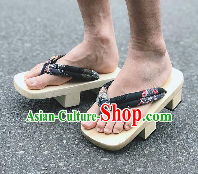 Japanese Traditional Kylin Pattern Black Flip Flops Bidentate Clogs Slippers Asian Japan Geta Shoes for Men