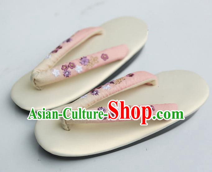 Traditional Japanese Classical Embroidered Pink Flip Flops Slippers Zori Geta Asian Japan Clogs Shoes for Women