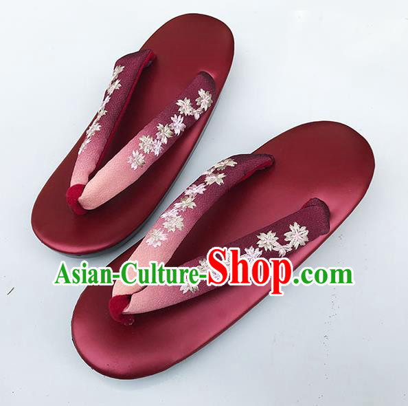 Traditional Japanese Classical Embroidered Wine Red Flip Flops Slippers Zori Geta Asian Japan Clogs Shoes for Women