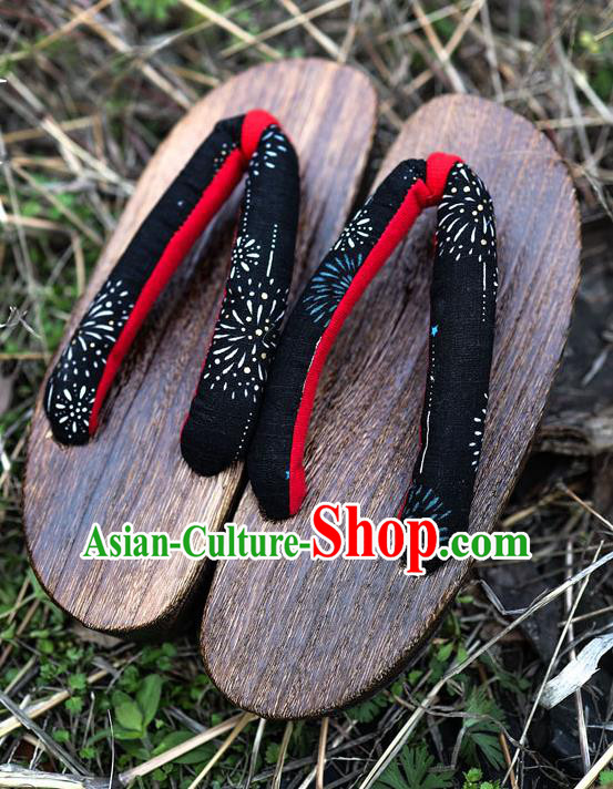 Traditional Japanese Classical Fireworks Pattern Black Flip Flops Slippers Zori Geta Asian Japan Clogs Shoes for Women
