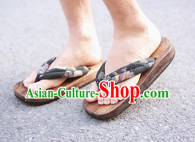 Traditional Japanese Kylin Pattern Black Geta Slippers Asian Japan Clogs Shoes for Men