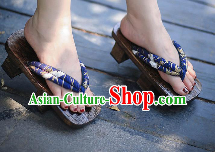 Traditional Japanese Classical Crane Pattern Royalblue Bidentate Clogs Flip Flops Slippers Asian Japan Geta Shoes for Women