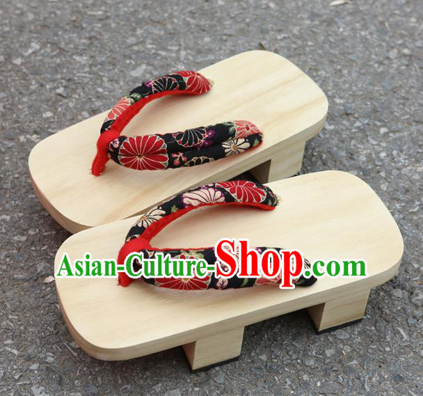 Traditional Japanese Classical Chrysanthemum Pattern Black Bidentate Clogs Flip Flops Slippers Asian Japan Geta Shoes for Women