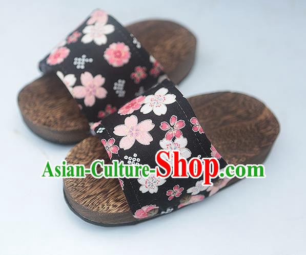 Japanese Traditional Sakura Pattern Black Clogs Wood Slippers Asian Japan Geta Shoes for Women