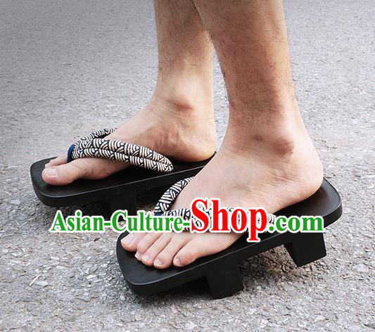 Traditional Japanese Wave Pattern Black Bidentate Clogs Slippers Asian Japan Geta Shoes for Men