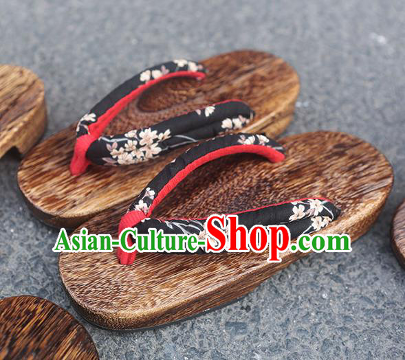 Traditional Japanese Classical Sakura Pattern Black Flip Flops Slippers Geta Asian Japan Clogs Shoes for Women