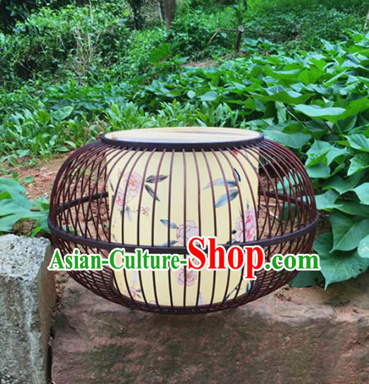 Traditional Chinese Brown Bamboo Art Printing Flowers Bird Hanging Lanterns Handmade Lantern Scaldfish Lamp