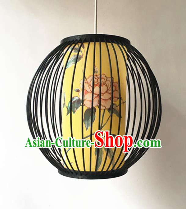 Traditional Chinese Bamboo Art Printing Peony Black Hanging Lanterns Handmade Lantern Scaldfish Lamp