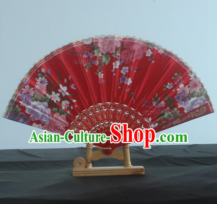 Handmade Chinese Traditional Wedding Red Folding Fan Printing Peony Fans