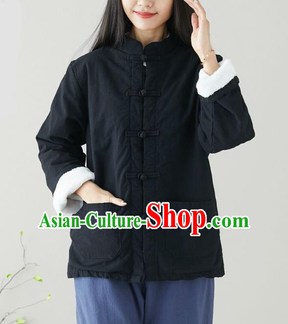 Traditional Chinese Tang Suit Black Cotton Padded Jacket Li Ziqi Costume for Women