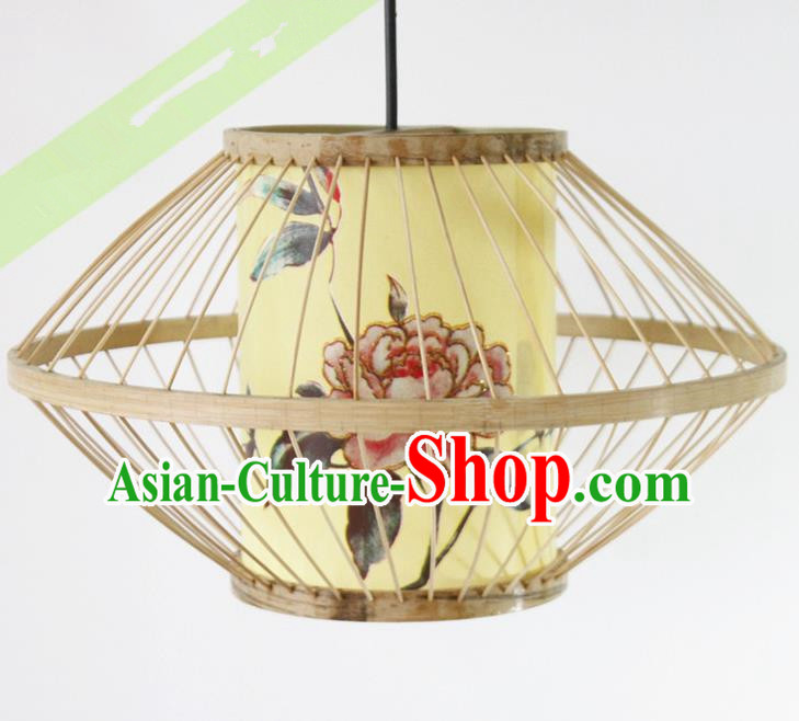 Traditional Chinese Printing Peony Yellow Hanging Lanterns Handmade Lantern Bamboo Art Scaldfish Lamp