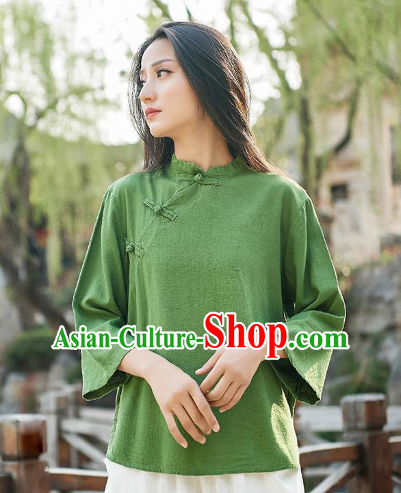 Traditional Chinese Tang Suit Green Flax Slant Opening Shirt Li Ziqi Blouse Upper Outer Garment Costume for Women