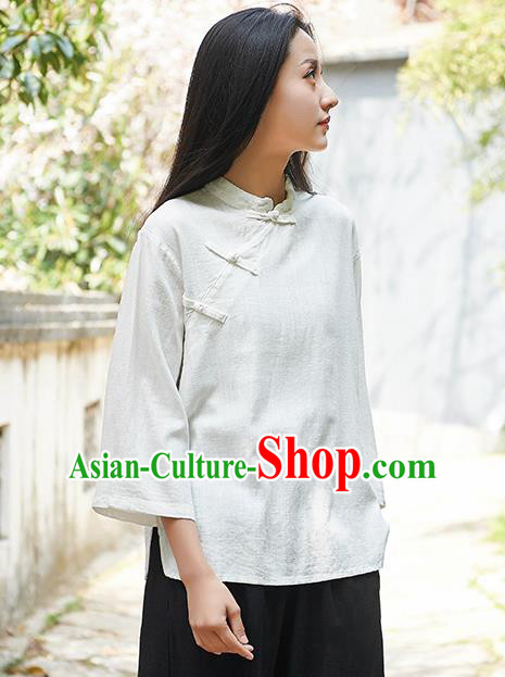 Traditional Chinese Tang Suit White Flax Slant Opening Shirt Li Ziqi Blouse Upper Outer Garment Costume for Women