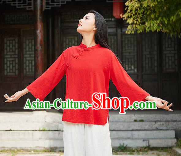 Traditional Chinese Tang Suit Red Flax Slant Opening Shirt Li Ziqi Blouse Upper Outer Garment Costume for Women