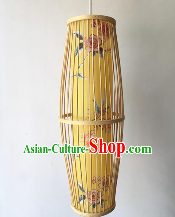 Traditional Chinese Printing Peach Flowers Yellow Hanging Lanterns Handmade Lantern Bamboo Art Scaldfish Lamp