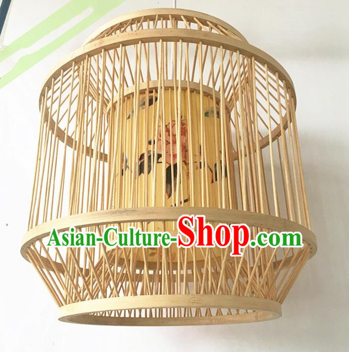 Traditional Chinese Handmade Printing Peony Yellow Hanging Lanterns Palace Lantern Bamboo Art Scaldfish Lamp
