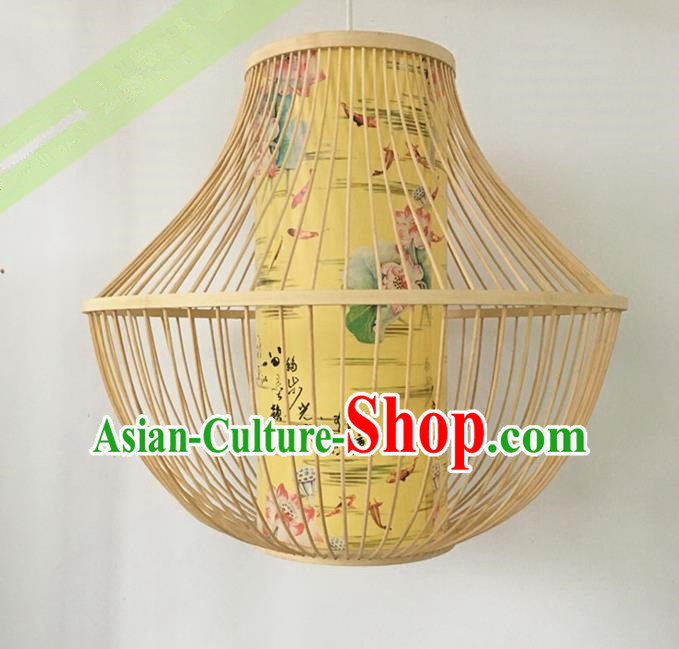 Traditional Chinese Handmade Printing Lotus Yellow Hanging Lanterns Palace Lantern Bamboo Art Scaldfish Lamp