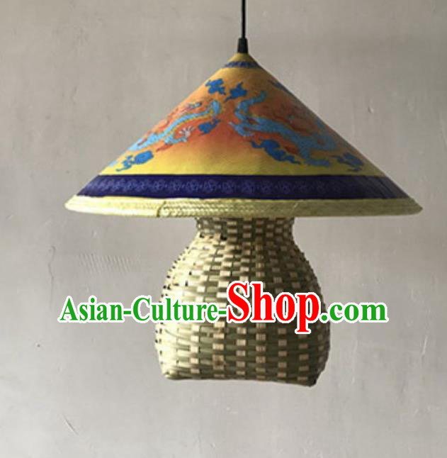 Handmade Chinese Printing Dragon Straw Hat Creel Hanging Lanterns Traditional Bamboo Art Lamp