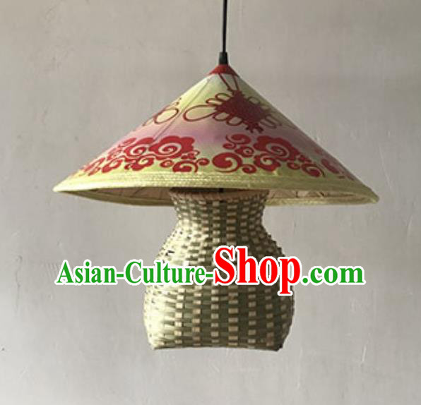 Handmade Chinese Printing Lucky Knot Straw Hat Creel Hanging Lanterns Traditional Bamboo Art Lamp